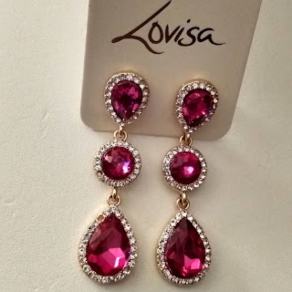 LOVISA Glamorous Gold Round & Teardrop Fuchsia Crystals Dangle Earrings**NEW! - Picture 2 of 3